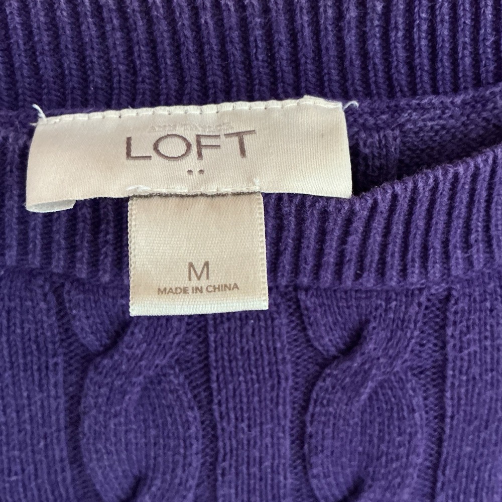 LOFT Purple Cable Knit Sweater 3/4 Length Sleeves Boat Neck Size M - Picture 2 of 6